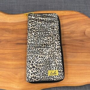 LULA Satiny Animal Print Wallet Clutch with Gold Tone Zipper and Pink Lining